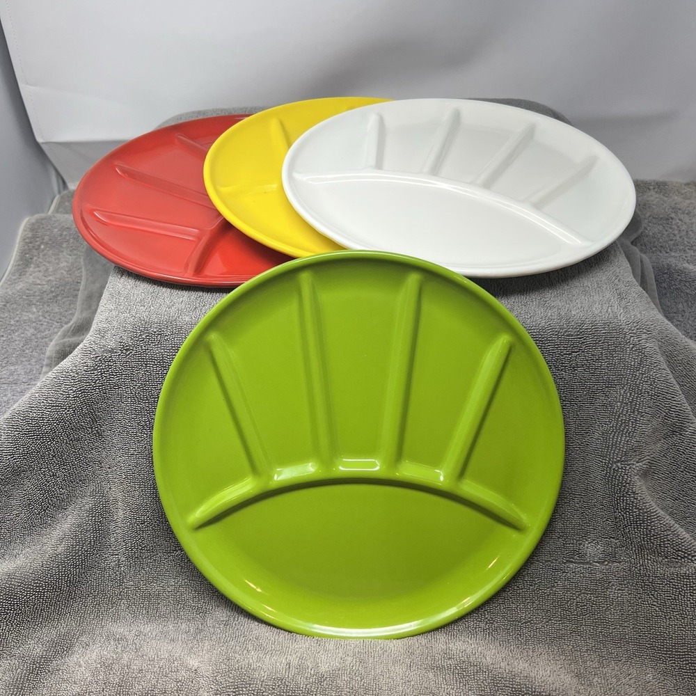Vintage Enamel Divided Plates Set 4 MCM Made in Japan Sushi Fondue Retro 9" VGC